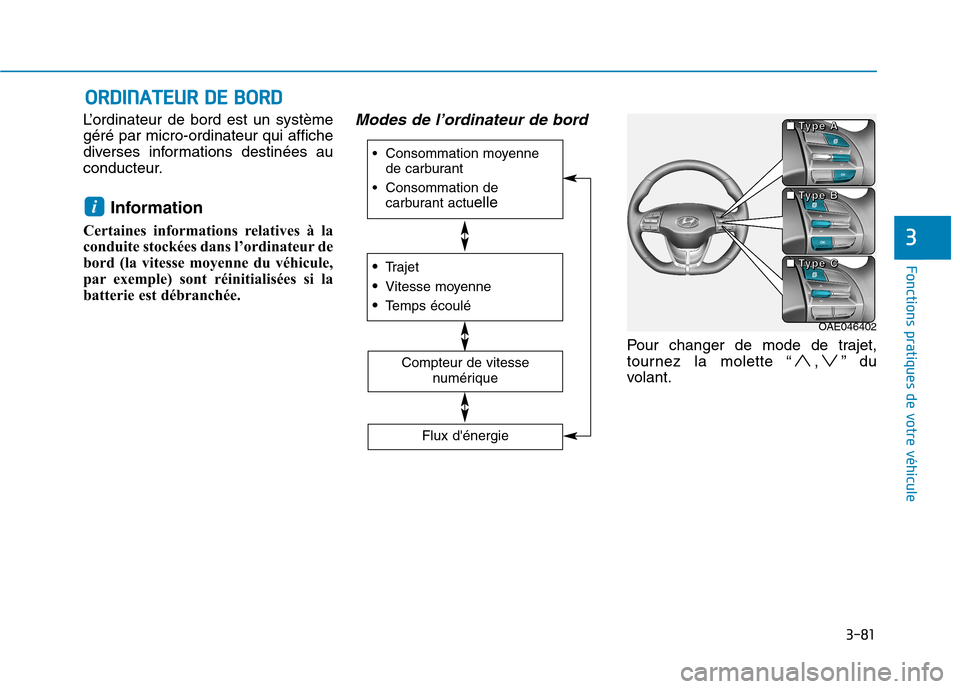 Hyundai Ioniq Electric 2017  Manuel du propriétaire (in French) 3-81
Fonctions pratiques de votre véhicule 
3
OORRDD IINN AATTEEUU RR  DD EE  BB OO RRDD
L’ordinateur de bord est un système géré par micro-ordinateur qui affiche
diverses informations destinée
