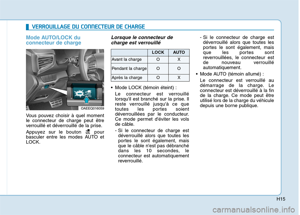 Hyundai Ioniq Electric 2017 Manuel du propriétaire (in French) H15
Mode AUTO/LOCK du
connecteur de charge
Vous pouvez choisir à quel moment le connecteur de charge peut être
verrouillé et déverrouillé de la prise.
Appuyez sur le bouton pour
basculer entr Hyundai Ioniq Electric 2017 Manuel du propriétaire (in French) H15
Mode AUTO/LOCK du
connecteur de charge
Vous pouvez choisir à quel moment le connecteur de charge peut être
verrouillé et déverrouillé de la prise.
Appuyez sur le bouton pour
basculer entr
