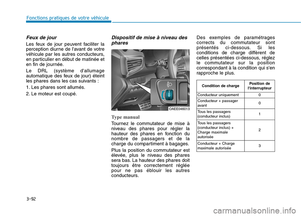 Hyundai Ioniq Electric 2017 Manuel du propriétaire (in French) 3-92
Fonctions pratiques de votre véhicule
Feux de jour
Les feux de jour peuvent faciliter la
perception diurne de lavant de votre
véhicule par les autres conducteurs,
en particulier en début d Hyundai Ioniq Electric 2017 Manuel du propriétaire (in French) 3-92
Fonctions pratiques de votre véhicule
Feux de jour
Les feux de jour peuvent faciliter la
perception diurne de lavant de votre
véhicule par les autres conducteurs,
en particulier en début d