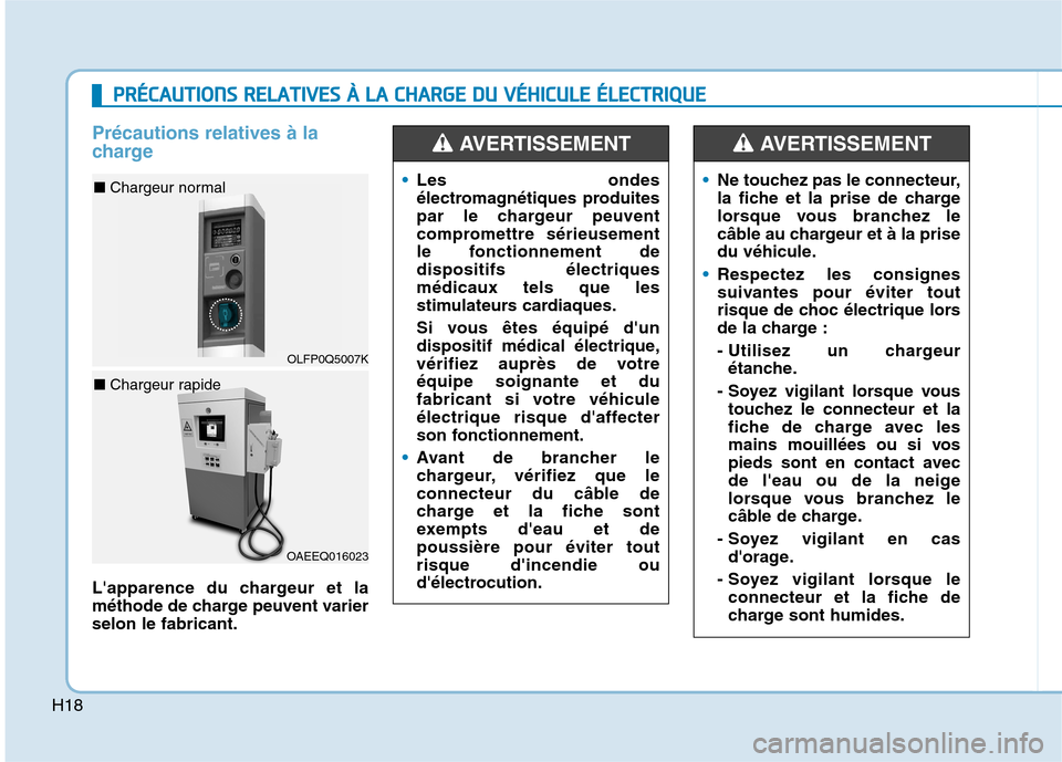 Hyundai Ioniq Electric 2017 Manuel du propriétaire (in French) H18
Précautions relatives à la
charge
Lapparence du chargeur et la
méthode de charge peuvent varierselon le fabricant.
Les ondes
électromagnétiques produites
par le chargeur peuvent
compromet Hyundai Ioniq Electric 2017 Manuel du propriétaire (in French) H18
Précautions relatives à la
charge
Lapparence du chargeur et la
méthode de charge peuvent varierselon le fabricant.
Les ondes
électromagnétiques produites
par le chargeur peuvent
compromet