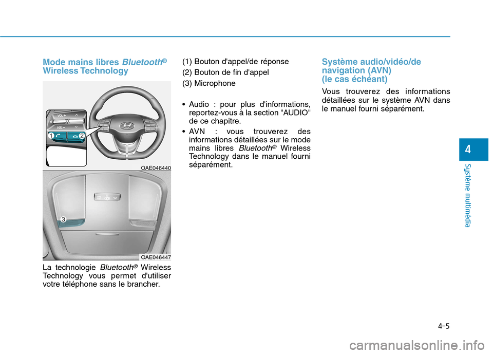 Hyundai Ioniq Electric 2017  Manuel du propriétaire (in French) Mode mains libres Bluetooth®
Wireless Technology 
La technologie Bluetooth®Wireless
Technology vous permet dutiliser 
votre téléphone sans le brancher. (1) Bouton dappel/de réponse (2) Bouton d