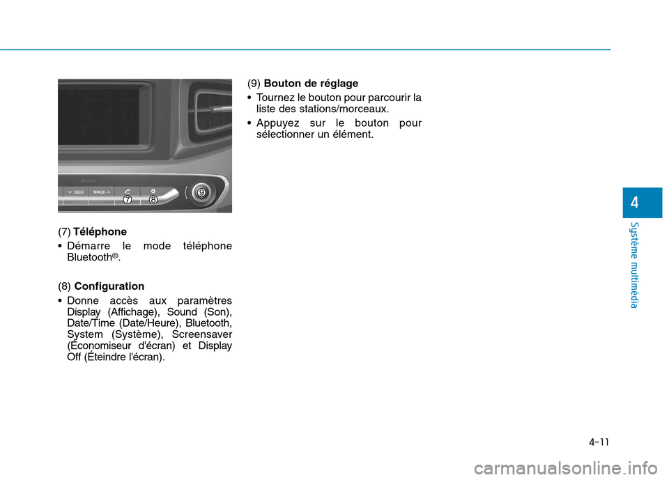 Hyundai Ioniq Electric 2017  Manuel du propriétaire (in French) 4-11
Système multimédia 
4
(7)Téléphone
 Démarre le mode téléphone Bluetooth ®
.
(8)  Configuration
 Donne accès aux paramètres Display (Affichage), Sound (Son), Date/Time (Date/Heure), Blue