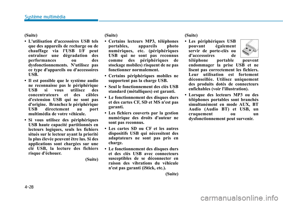 Hyundai Ioniq Electric 2017  Manuel du propriétaire (in French) 4-28
Système multimédia 
(Suite) 
 Lutilisation daccessoires USB telsque des appareils de recharge ou de 
chauffage via lUSB I/F peut
entraîner une dégradation des
performances ou des
dysfonct