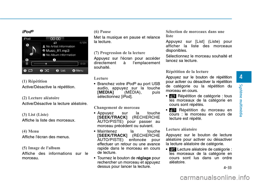 Hyundai Ioniq Electric 2017  Manuel du propriétaire (in French) 4-33
Système multimédia 
4
iPod®
(1) Répétition
Active/Désactive la répétition.
(2) Lecture aléatoire
Active/Désactive la lecture aléatoire.
(3) List (Liste)
Affiche la liste des morceaux.
