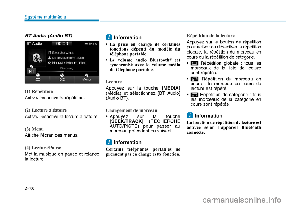 Hyundai Ioniq Electric 2017  Manuel du propriétaire (in French) 4-36
Système multimédia 
BT Audio (Audio BT)
(1) Répétition
Active/Désactive la répétition.
(2) Lecture aléatoire
Active/Désactive la lecture aléatoire.
(3) Menu
Affiche lécran des menus.
