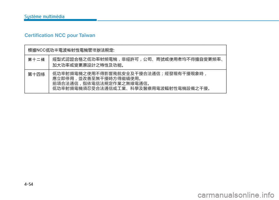 Hyundai Ioniq Electric 2017 Manuel du propriétaire (in French) 4-54
Système multimédia
Certification NCC pour Taïwan Hyundai Ioniq Electric 2017 Manuel du propriétaire (in French) 4-54
Système multimédia
Certification NCC pour Taïwan