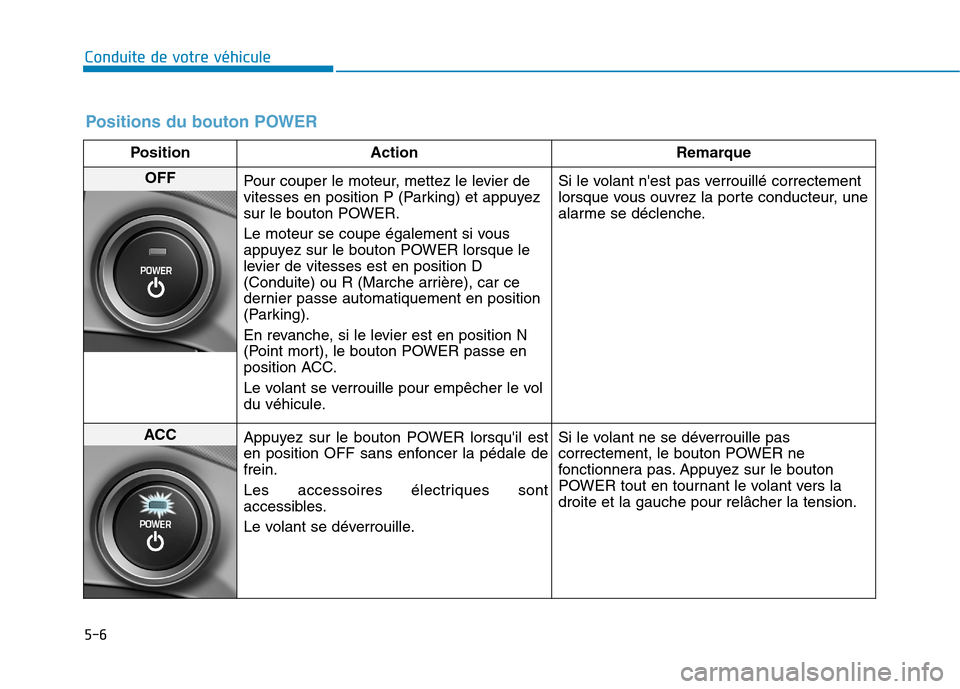 Hyundai Ioniq Electric 2017 Manuel du propriétaire (in French) 5-6
Conduite de votre véhicule
Positions du bouton POWER
Position ActionRemarque
OFF
Pour couper le moteur, mettez le levier de
vitesses en position P (Parking) et appuyez
sur le bouton POWER.
Le m Hyundai Ioniq Electric 2017 Manuel du propriétaire (in French) 5-6
Conduite de votre véhicule
Positions du bouton POWER
Position ActionRemarque
OFF
Pour couper le moteur, mettez le levier de
vitesses en position P (Parking) et appuyez
sur le bouton POWER.
Le m