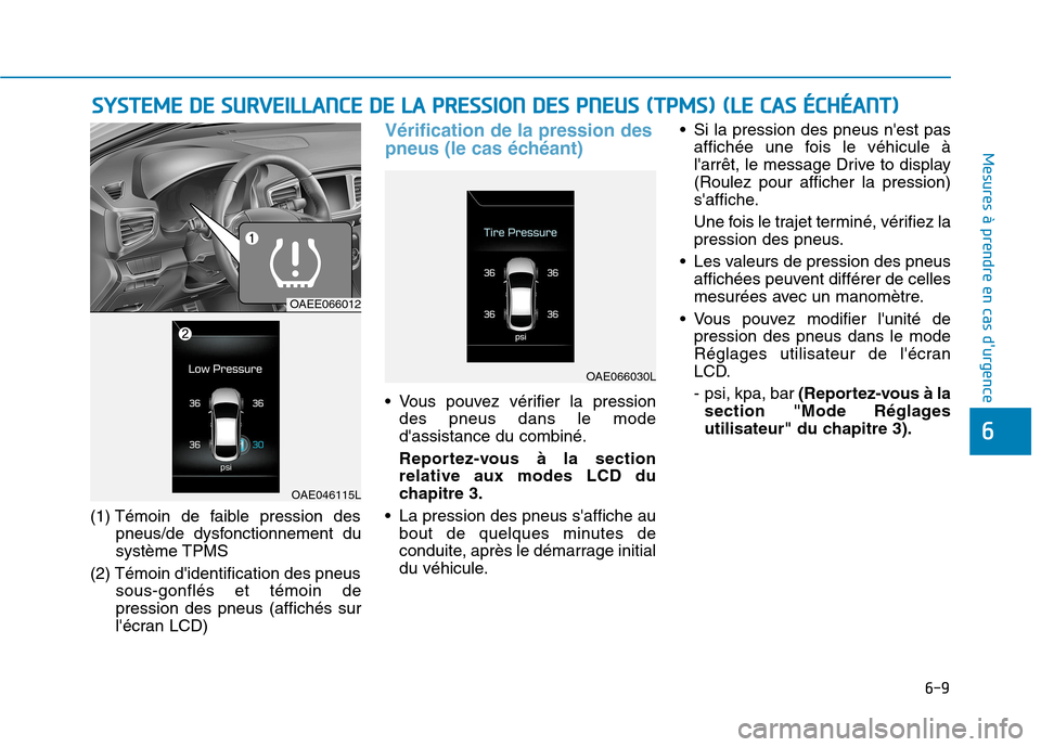 Hyundai Ioniq Electric 2017  Manuel du propriétaire (in French) 6-9
Mesures à prendre en cas durgence 
6
(1) Témoin de faible pression despneus/de dysfonctionnement du système TPMS
(2) Témoin didentification des pneus sous-gonflés et témoin depression des 