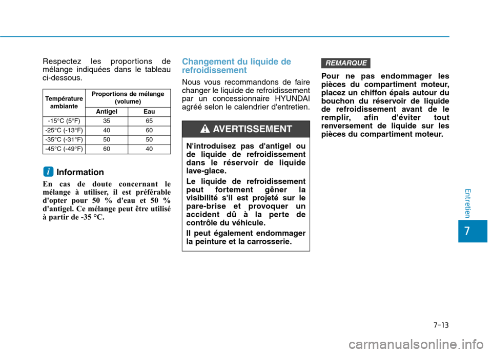 Hyundai Ioniq Electric 2017 Manuel du propriétaire (in French) 7-13
7
Entretien
Respectez les proportions de
mélange indiquées dans le tableau
ci-dessous.Information
En cas de doute concernant le
mélange à utiliser, il est préférable
dopter pour 50 % dea Hyundai Ioniq Electric 2017 Manuel du propriétaire (in French) 7-13
7
Entretien
Respectez les proportions de
mélange indiquées dans le tableau
ci-dessous.Information
En cas de doute concernant le
mélange à utiliser, il est préférable
dopter pour 50 % dea