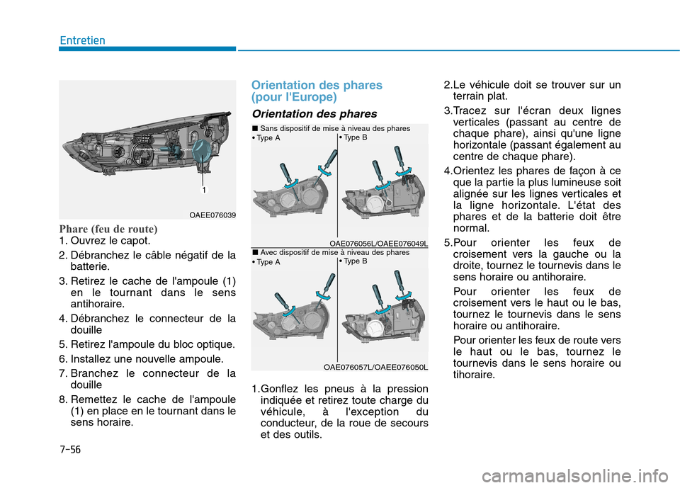 Hyundai Ioniq Electric 2017 Manuel du propriétaire (in French) 7-56
Entretien
Phare (feu de route)
1. Ouvrez le capot.
2. Débranchez le câble négatif de labatterie.
3. Retirez le cache de lampoule (1) en le tournant dans le sens
antihoraire.
4. Débranchez Hyundai Ioniq Electric 2017 Manuel du propriétaire (in French) 7-56
Entretien
Phare (feu de route)
1. Ouvrez le capot.
2. Débranchez le câble négatif de labatterie.
3. Retirez le cache de lampoule (1) en le tournant dans le sens
antihoraire.
4. Débranchez