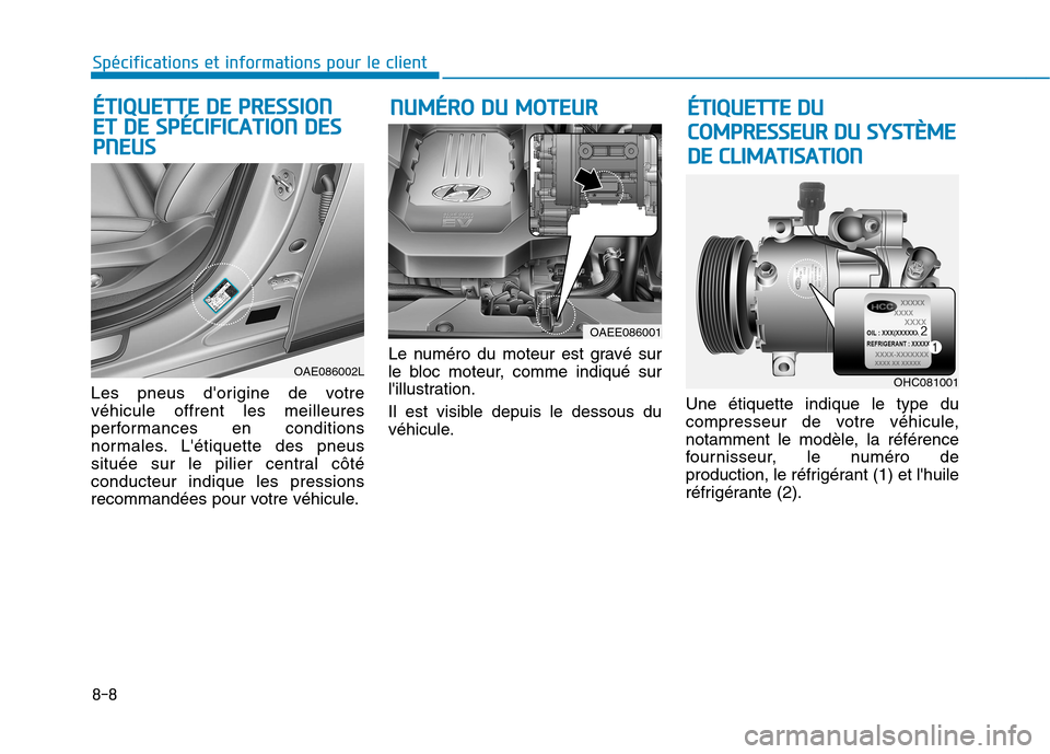 Hyundai Ioniq Electric 2017 Manuel du propriétaire (in French) 8-8
Spécifications et informations pour le client
Les pneus dorigine de votre véhicule offrent les meilleures
performances en conditions
normales. Létiquette des pneus
située sur le pilier centr Hyundai Ioniq Electric 2017 Manuel du propriétaire (in French) 8-8
Spécifications et informations pour le client
Les pneus dorigine de votre véhicule offrent les meilleures
performances en conditions
normales. Létiquette des pneus
située sur le pilier centr