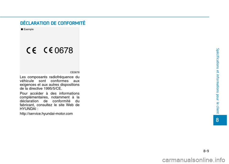 Hyundai Ioniq Electric 2017 Manuel du propriétaire (in French) 8-9
8
Spécifications et informations pour le client
Les composants radiofréquence du
véhicule sont conformes aux
exigences et aux autres dispositions
de la directive 1995/5/CE.
Pour accéder à d Hyundai Ioniq Electric 2017 Manuel du propriétaire (in French) 8-9
8
Spécifications et informations pour le client
Les composants radiofréquence du
véhicule sont conformes aux
exigences et aux autres dispositions
de la directive 1995/5/CE.
Pour accéder à d