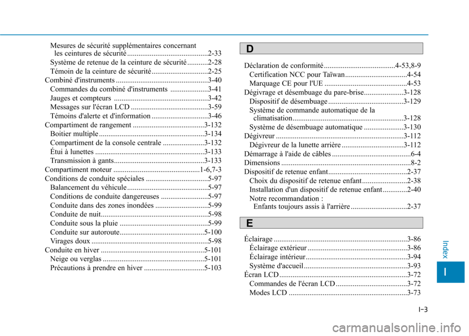 Hyundai Ioniq Electric 2017 Manuel du propriétaire (in French) I-3
Mesures de sécurité supplémentaires concernant
les ceintures de sécurité ...........................................2-33
Système de retenue de la ceinture de sécurité ...........2-28
Té Hyundai Ioniq Electric 2017 Manuel du propriétaire (in French) I-3
Mesures de sécurité supplémentaires concernant
les ceintures de sécurité ...........................................2-33
Système de retenue de la ceinture de sécurité ...........2-28
Té