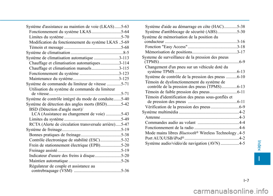 Hyundai Ioniq Electric 2017  Manuel du propriétaire (in French) I-7
Système dassistance au maintien de voie (LKAS) ......5-63
Fonctionnement du système LKAS ...........................5-64 
Limites du système ...................................................