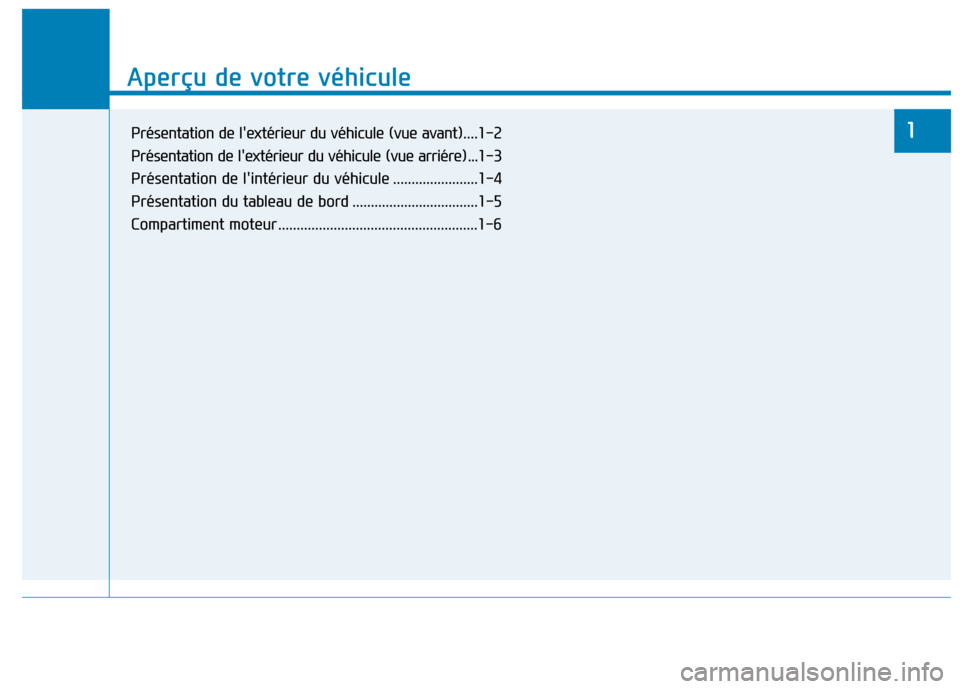 Hyundai Ioniq Electric 2017 Manuel du propriétaire (in French) Aperçu de votre véhicule
1
Aperçu de votre véhicule
1Présentation de lextérieur du véhicule (vue avant)....1-2
Présentation de lextérieur du véhicule (vue arriére) ...1-3
Présentation Hyundai Ioniq Electric 2017 Manuel du propriétaire (in French) Aperçu de votre véhicule
1
Aperçu de votre véhicule
1Présentation de lextérieur du véhicule (vue avant)....1-2
Présentation de lextérieur du véhicule (vue arriére) ...1-3
Présentation