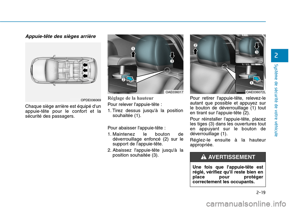 Hyundai Ioniq Electric 2017 Manuel du propriétaire (in French) 2-19
Système de sécurité de votre véhicule
2
Appuie-tête des sièges arrière
Chaque siège arrière est équipé dun
appuie-tête pour le confort et la
sécurité des passagers.
Réglage de Hyundai Ioniq Electric 2017 Manuel du propriétaire (in French) 2-19
Système de sécurité de votre véhicule
2
Appuie-tête des sièges arrière
Chaque siège arrière est équipé dun
appuie-tête pour le confort et la
sécurité des passagers.
Réglage de
