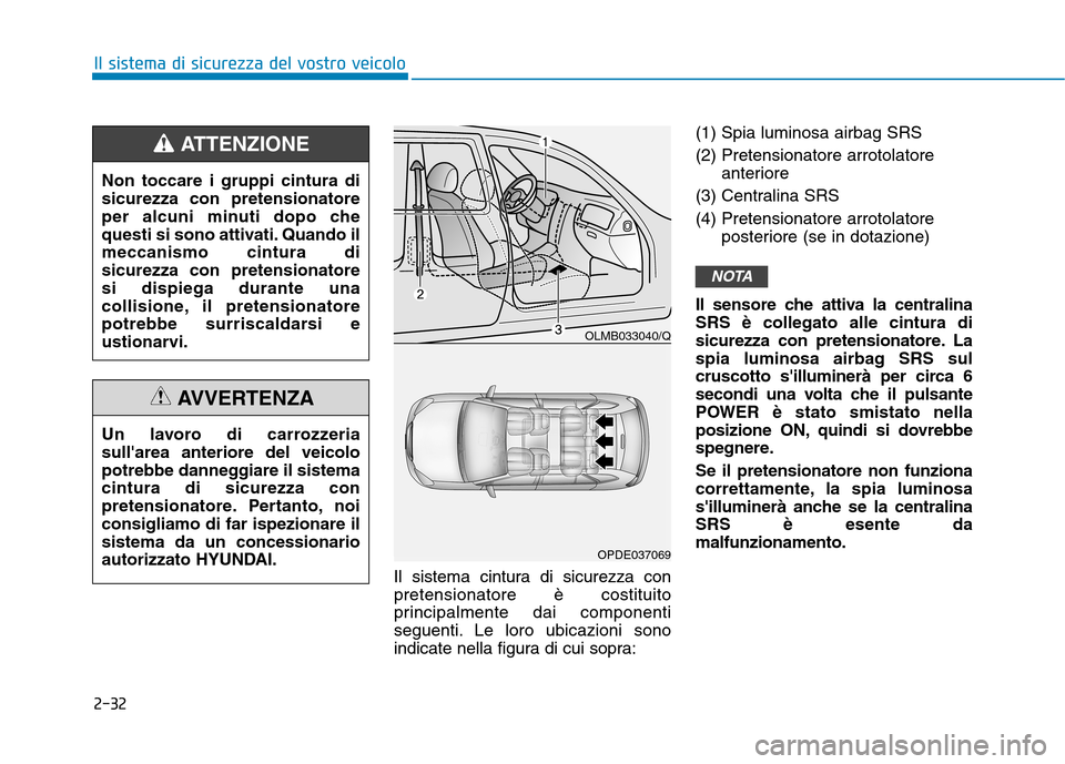 Hyundai Ioniq Electric 2017  Manuale del proprietario (in Italian) 2-32
Il sistema di sicurezza del vostro veicolo
Il sistema cintura di sicurezza con pretensionatore è costituito
principalmente dai componenti
seguenti. Le loro ubicazioni sono
indicate nella figura 
