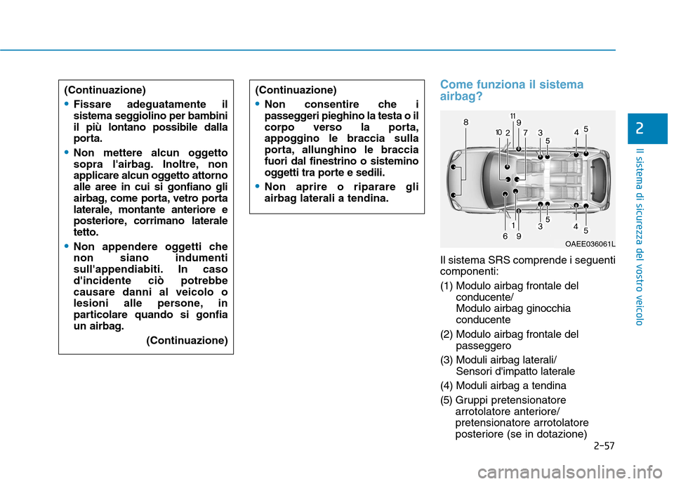 Hyundai Ioniq Electric 2017 Manuale del proprietario (in Italian) 2-57
Il sistema di sicurezza del vostro veicolo
2
Come funziona il sistema
airbag?
Il sistema SRS comprende i seguenti componenti:
(1) Modulo airbag frontale delconducente/ Modulo airbag ginocchiaco Hyundai Ioniq Electric 2017 Manuale del proprietario (in Italian) 2-57
Il sistema di sicurezza del vostro veicolo
2
Come funziona il sistema
airbag?
Il sistema SRS comprende i seguenti componenti:
(1) Modulo airbag frontale delconducente/ Modulo airbag ginocchiaco