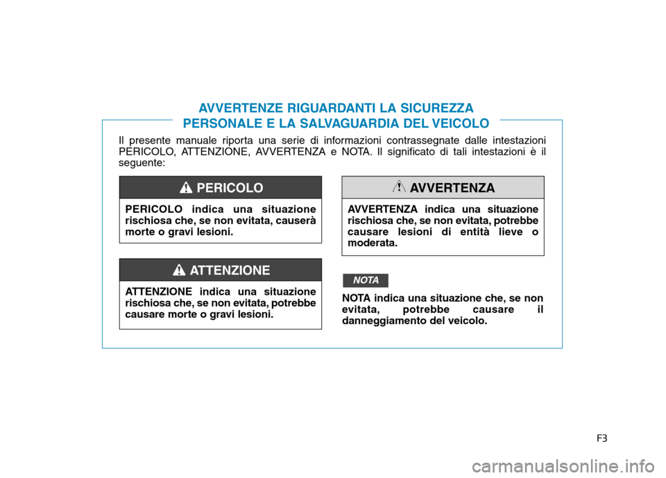 Hyundai Ioniq Electric 2017  Manuale del proprietario (in Italian) F3
Il presente manuale riporta una serie di informazioni contrassegnate dalle intestazioni 
PERICOLO, ATTENZIONE, AVVERTENZA e NOTA. Il significato di tali intestazioni è ilseguente:
AVVERTENZE RIGUA