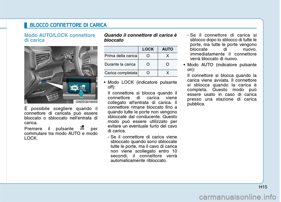 Hyundai Ioniq Electric 2017  Manuale del proprietario (in Italian) H15
Modo AUTO/LOCK connettore di carica
È possibile scegliere quando il 
connettore di caricata può essere
bloccato o sbloccato nellentrata di
carica. 
Premere il pulsante  per 
commutare tra modo 