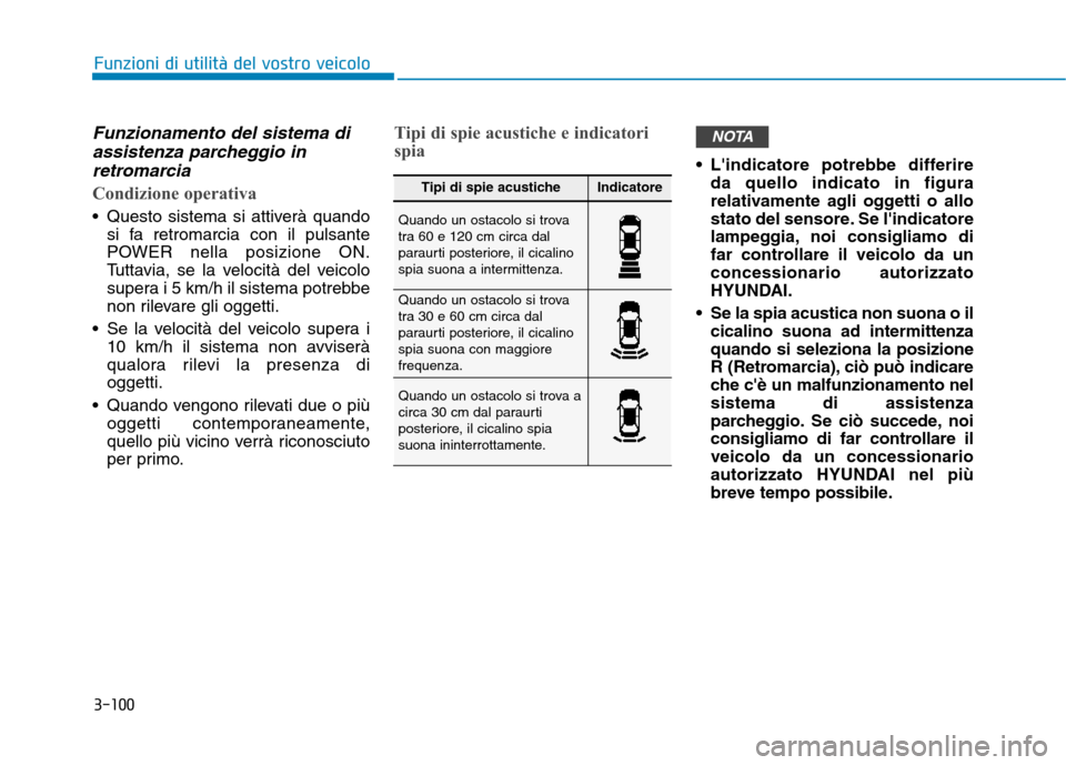 Hyundai Ioniq Electric 2017  Manuale del proprietario (in Italian) 3-100
Funzioni di utilità del vostro veicolo
Funzionamento del sistema diassistenza parcheggio in
retromarcia
Condizione operativa
 Questo sistema si attiverà quando si fa retromarcia con il pulsant