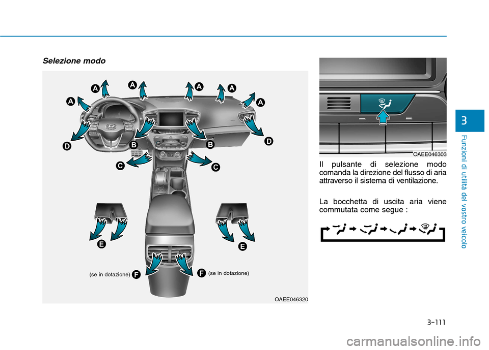 Hyundai Ioniq Electric 2017  Manuale del proprietario (in Italian) 3-111
Funzioni di utilità del vostro veicolo
3
Selezione modo
Il pulsante di selezione modo 
comanda la direzione del flusso di aria
attraverso il sistema di ventilazione. 
La bocchetta di uscita ari