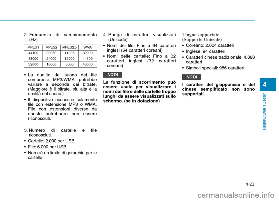 Hyundai Ioniq Electric 2017  Manuale del proprietario (in Italian) 4-23
Sistema multimediale
4
2. Frequenza di campionamento(Hz)
 La qualità del suono dei file compressi MP3/WMA potrebbe 
variare a seconda dei bitrate.
(Maggiore è il bitrate, più alta è la
qualit