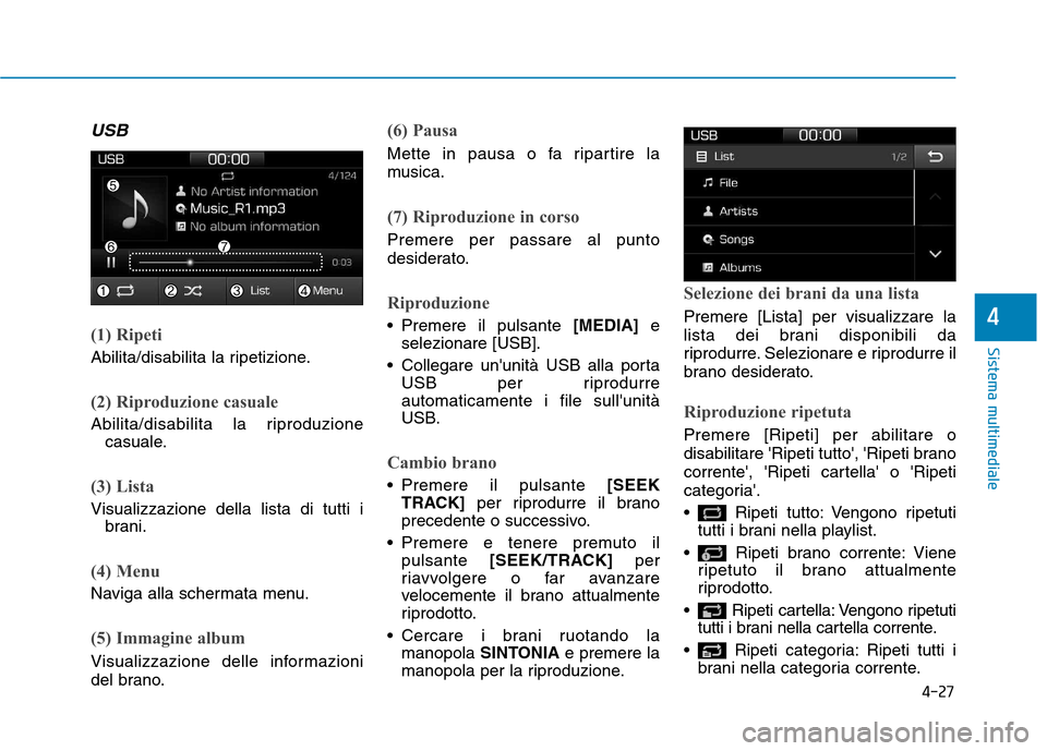 Hyundai Ioniq Electric 2017  Manuale del proprietario (in Italian) 4-27
Sistema multimediale
4
USB
(1) Ripeti
Abilita/disabilita la ripetizione.
(2) Riproduzione casuale
Abilita/disabilita la riproduzionecasuale.
(3) Lista
Visualizzazione della lista di tutti ibrani.