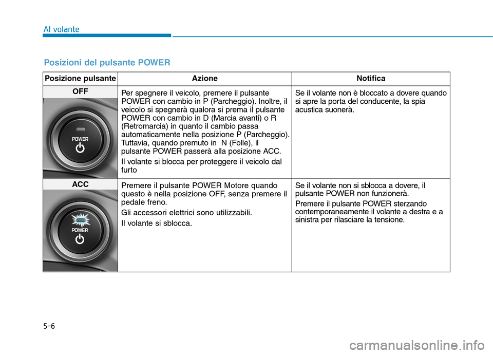 Hyundai Ioniq Electric 2017  Manuale del proprietario (in Italian) 5-6
Al volante
Posizioni del pulsante POWER
Posizione pulsante AzioneNotifica
OFF
Per spegnere il veicolo, premere il pulsante 
POWER con cambio in P (Parcheggio). Inoltre, il
veicolo si spegnerà qua