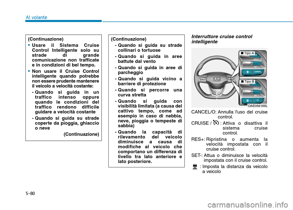 Hyundai Ioniq Electric 2017 Manuale del proprietario (in Italian) 5-80
Al volante
Interruttore cruise controlintelligente
CANCEL/O: Annulla luso del cruise control.
CRUISE / : Attiva o disattiva il
sistema cruise control.
RES+: Ripristina o aumenta la
velocità Hyundai Ioniq Electric 2017 Manuale del proprietario (in Italian) 5-80
Al volante
Interruttore cruise controlintelligente
CANCEL/O: Annulla luso del cruise control.
CRUISE / : Attiva o disattiva il
sistema cruise control.
RES+: Ripristina o aumenta la
velocità