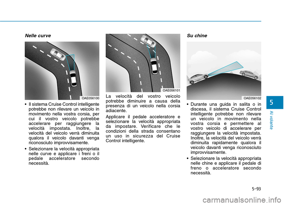 Hyundai Ioniq Electric 2017 Manuale del proprietario (in Italian) 5-93
Al volante
5
Nelle curve
Il sistema Cruise Control intelligentepotrebbe non rilevare un veicolo in
movimento nella vostra corsia, per
cui il vostro veicolo potrebbe
accelerare per raggiungere l Hyundai Ioniq Electric 2017 Manuale del proprietario (in Italian) 5-93
Al volante
5
Nelle curve
Il sistema Cruise Control intelligentepotrebbe non rilevare un veicolo in
movimento nella vostra corsia, per
cui il vostro veicolo potrebbe
accelerare per raggiungere l