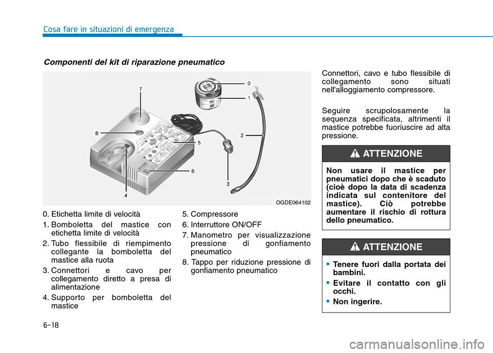 Hyundai Ioniq Electric 2017 Manuale del proprietario (in Italian) 6-18
Cosa fare in situazioni di emergenza
0. Etichetta limite di velocità
1. Bomboletta del mastice conetichetta limite di velocità
2. Tubo flessibile di riempimento collegante la bomboletta del
m Hyundai Ioniq Electric 2017 Manuale del proprietario (in Italian) 6-18
Cosa fare in situazioni di emergenza
0. Etichetta limite di velocità
1. Bomboletta del mastice conetichetta limite di velocità
2. Tubo flessibile di riempimento collegante la bomboletta del
m