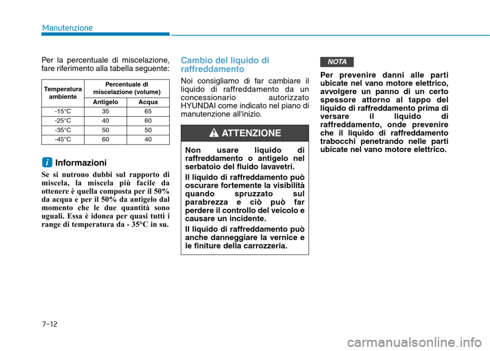 Hyundai Ioniq Electric 2017 Manuale del proprietario (in Italian) 7-12
Manutenzione
Per la percentuale di miscelazione,
fare riferimento alla tabella seguente:Informazioni
Se si nutrono dubbi sul rapporto di
miscela, la miscela più facile da
ottenere è quella com Hyundai Ioniq Electric 2017 Manuale del proprietario (in Italian) 7-12
Manutenzione
Per la percentuale di miscelazione,
fare riferimento alla tabella seguente:Informazioni
Se si nutrono dubbi sul rapporto di
miscela, la miscela più facile da
ottenere è quella com