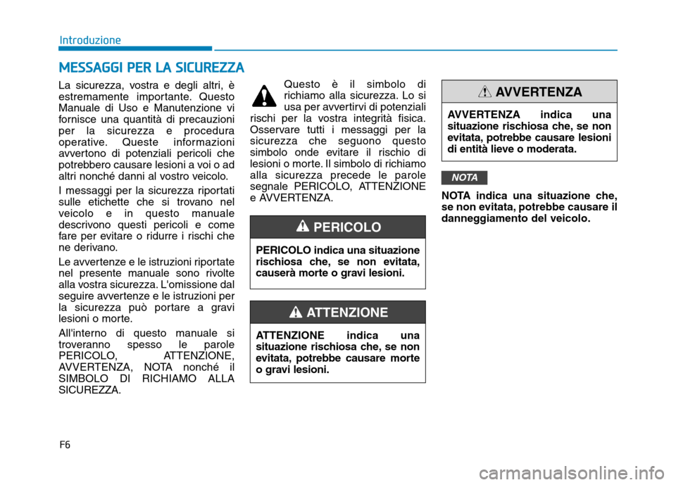 Hyundai Ioniq Electric 2017  Manuale del proprietario (in Italian) F6
Introduzione
La sicurezza, vostra e degli altri, è 
estremamente importante. Questo
Manuale di Uso e Manutenzione vi
fornisce una quantità di precauzioni
per la sicurezza e procedura
operative. Q