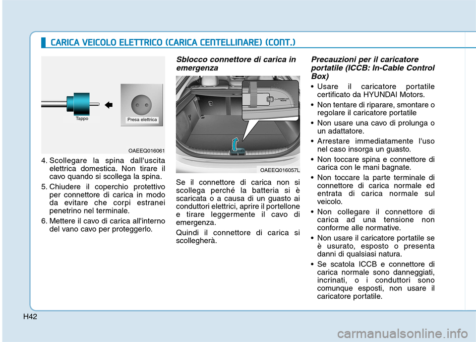 Hyundai Ioniq Electric 2017  Manuale del proprietario (in Italian) H42
4. Scollegare la spina dalluscitaelettrica domestica. Non tirare il 
cavo quando si scollega la spina.
5. Chiudere il coperchio protettivo per connettore di carica in modo
da evitare che corpi es