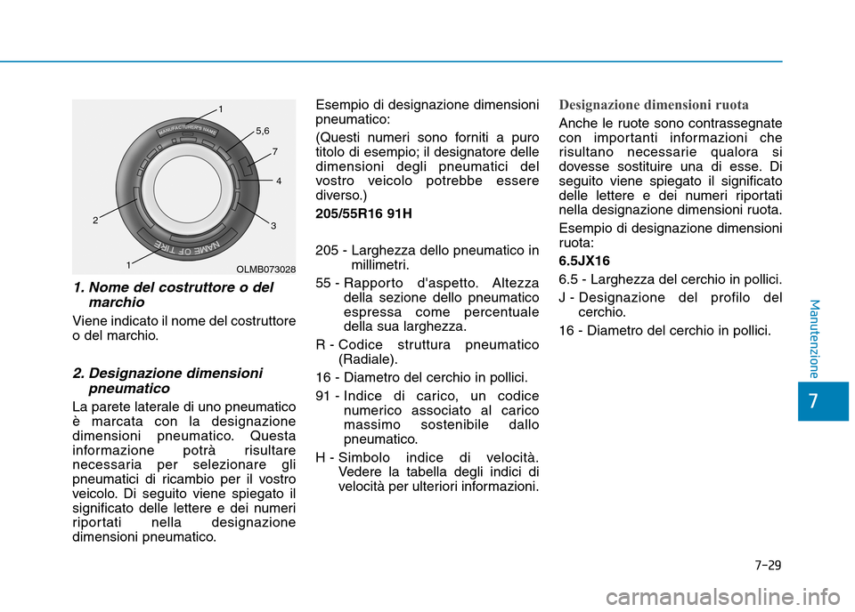Hyundai Ioniq Electric 2017  Manuale del proprietario (in Italian) 7-29
7
Manutenzione1. Nome del costruttore o delmarchio 
Viene indicato il nome del costruttore 
o del marchio.
2. Designazione dimensionipneumatico
La parete laterale di uno pneumaticoè marcata con 