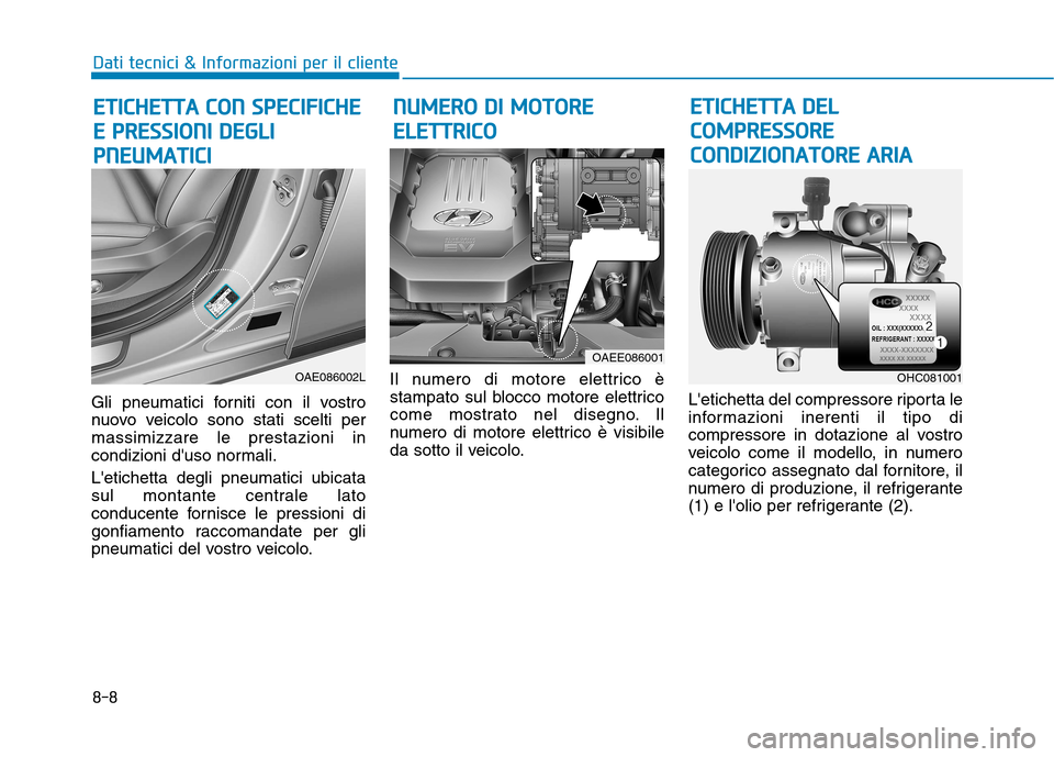 Hyundai Ioniq Electric 2017  Manuale del proprietario (in Italian) 8-8
Dati tecnici & Informazioni per il cliente
Gli pneumatici forniti con il vostro 
nuovo veicolo sono stati scelti permassimizzare le prestazioni in
condizioni duso normali. Letichetta degli pneum