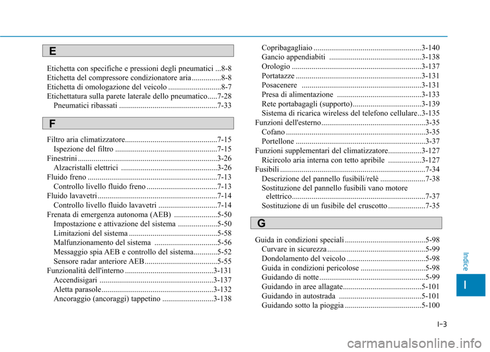 Hyundai Ioniq Electric 2017  Manuale del proprietario (in Italian) I-3
Etichetta con specifiche e pressioni degli pneumatici ...8-8 
Etichetta del compressore condizionatore aria ...............8-8
Etichetta di omologazione del veicolo ...........................8-7
