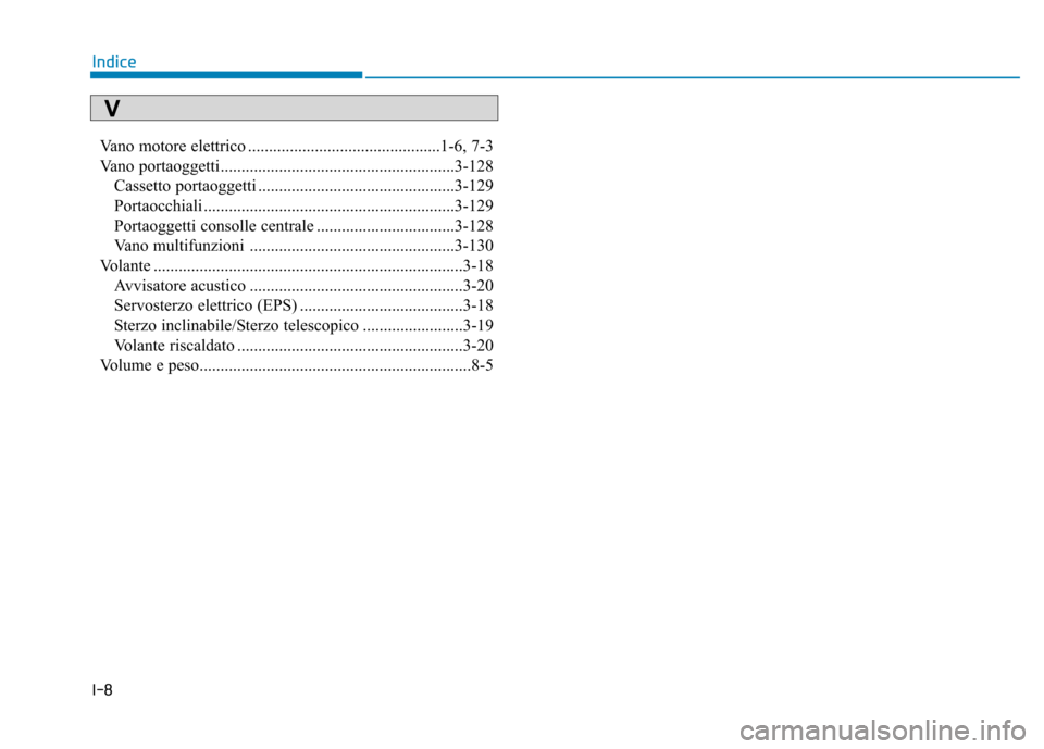 Hyundai Ioniq Electric 2017  Manuale del proprietario (in Italian) I-8Vano motore elettrico ..............................................1-6, 7-3 
Vano portaoggetti........................................................3-128
Cassetto portaoggetti ..................