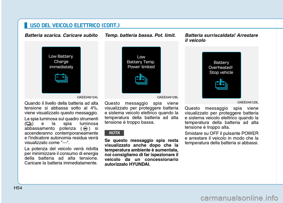Hyundai Ioniq Electric 2017 Manuale del proprietario (in Italian) H54
UUSSOO DD EELL VV EEIICC OO LLOO EE LLEE TT TT RR IICC OO (( CC OO NNTT..))
Batteria scarica. Caricare subito
Quando il livello della batteria ad alta
tensione si abbassa sotto al 4%,
vien Hyundai Ioniq Electric 2017 Manuale del proprietario (in Italian) H54
UUSSOO DD EELL VV EEIICC OO LLOO EE LLEE TT TT RR IICC OO (( CC OO NNTT..))
Batteria scarica. Caricare subito
Quando il livello della batteria ad alta
tensione si abbassa sotto al 4%,
vien