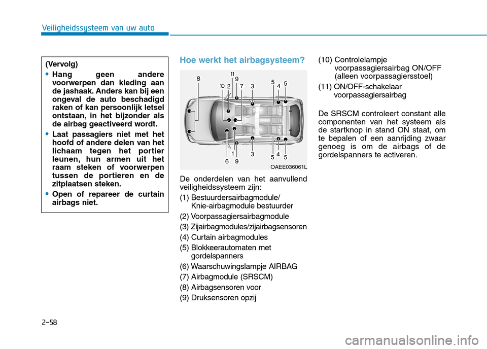 Hyundai Ioniq Electric 2017  Handleiding (in Dutch) 2-58
Veiligheidssysteem van uw auto
Hoe werkt het airbagsysteem? 
De onderdelen van het aanvullend 
veiligheidssysteem zijn: (1) Bestuurdersairbagmodule/Knie-airbagmodule bestuurder
(2) Voorpassagiers