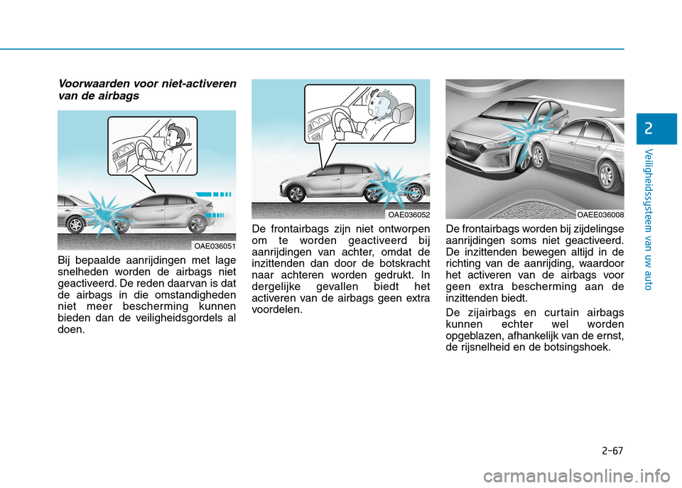 Hyundai Ioniq Electric 2017 Handleiding (in Dutch) 2-67
Veiligheidssysteem van uw auto
2
Voorwaarden voor niet-activerenvan de airbags
Bij bepaalde aanrijdingen met lage
snelheden worden de airbags niet
geactiveerd. De reden daarvan is datde airbags Hyundai Ioniq Electric 2017 Handleiding (in Dutch) 2-67
Veiligheidssysteem van uw auto
2
Voorwaarden voor niet-activerenvan de airbags
Bij bepaalde aanrijdingen met lage
snelheden worden de airbags niet
geactiveerd. De reden daarvan is datde airbags