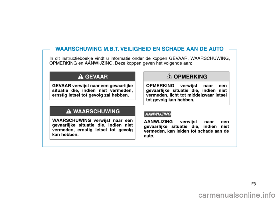 Hyundai Ioniq Electric 2017  Handleiding (in Dutch) F3
In dit instructieboekje vindt u informatie onder de koppen GEVAAR, WAARSCHUWING, 
OPMERKING en AANWIJZING. Deze koppen geven het volgende aan:
WAARSCHUWING M.B.T. VEILIGHEID EN SCHADE AAN DE AUTO
G