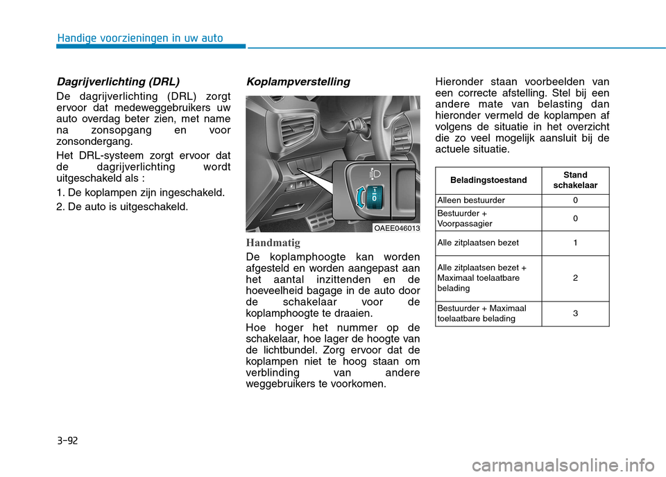 Hyundai Ioniq Electric 2017 Handleiding (in Dutch) 3-92
Handige voorzieningen in uw auto
Dagrijverlichting (DRL)
De dagrijverlichting (DRL) zorgt
ervoor dat medeweggebruikers uw
auto overdag beter zien, met name
na zonsopgang en voor
zonsondergang.
Hyundai Ioniq Electric 2017 Handleiding (in Dutch) 3-92
Handige voorzieningen in uw auto
Dagrijverlichting (DRL)
De dagrijverlichting (DRL) zorgt
ervoor dat medeweggebruikers uw
auto overdag beter zien, met name
na zonsopgang en voor
zonsondergang.