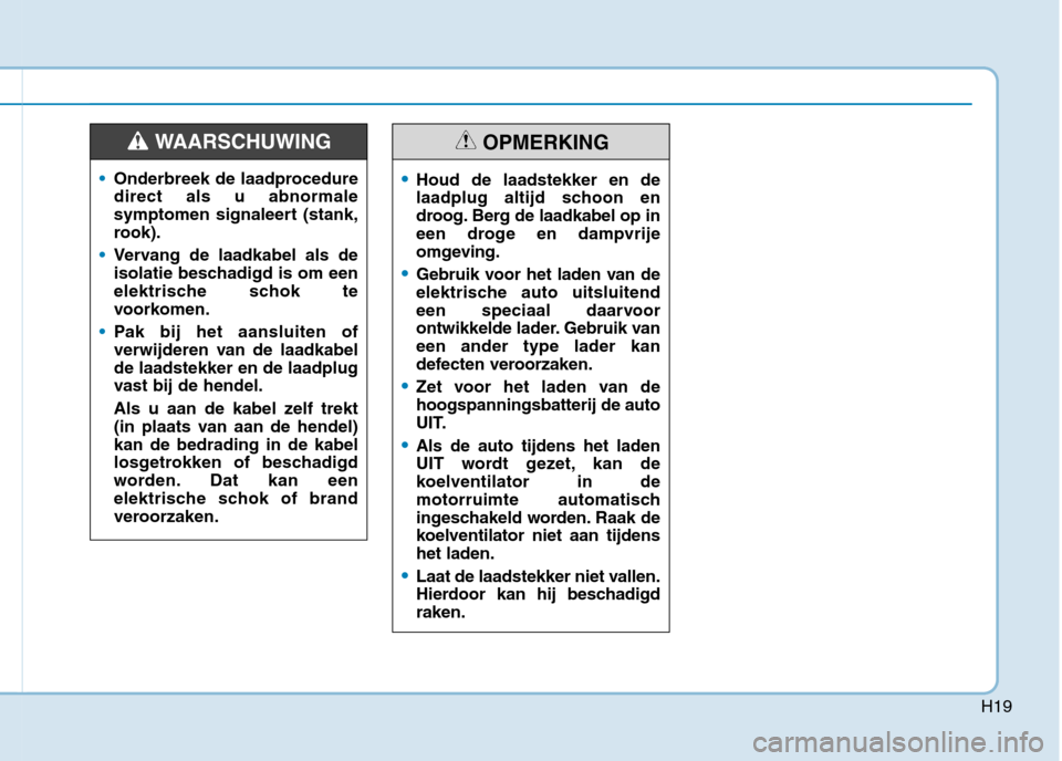 Hyundai Ioniq Electric 2017  Handleiding (in Dutch) H19
Onderbreek de laadprocedure direct als u abnormale
symptomen signaleert (stank,
rook).
Vervang de laadkabel als de 
isolatie beschadigd is om een
elektrische schok te
voorkomen.
Pak bij het aanslu