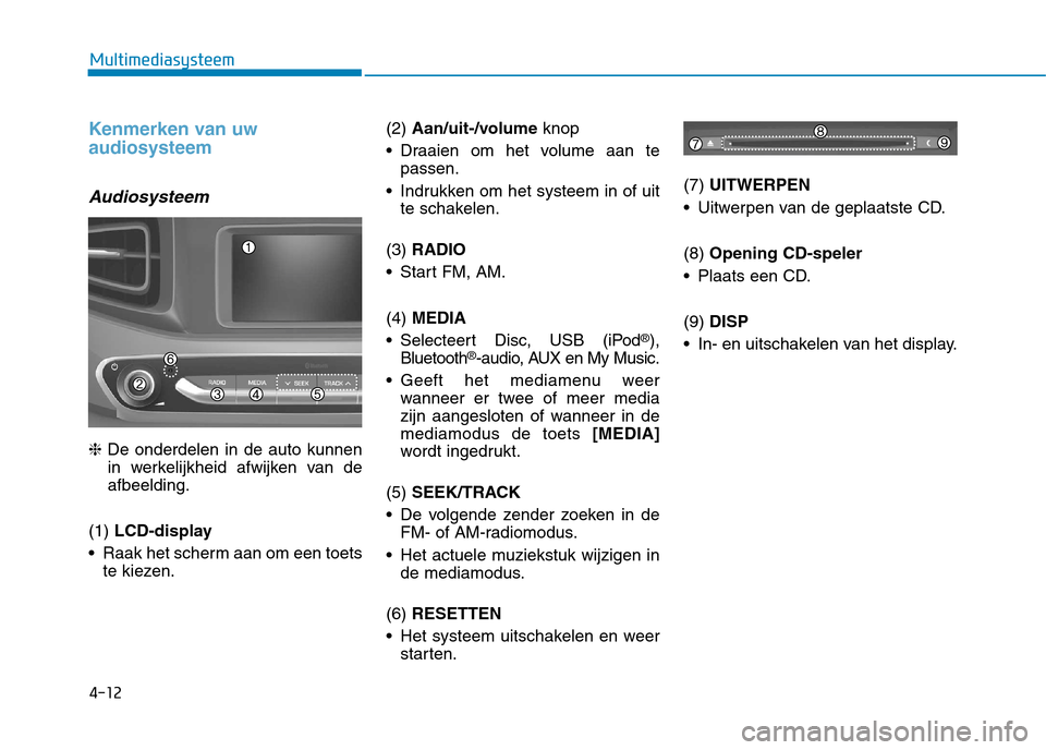 Hyundai Ioniq Electric 2017 Handleiding (in Dutch) 4-12
Multimediasysteem
Kenmerken van uw audiosysteem
Audiosysteem
❈De onderdelen in de auto kunnen
in werkelijkheid afwijken van de afbeelding.
(1) LCD-display
Raak het scherm aan om een toets te Hyundai Ioniq Electric 2017 Handleiding (in Dutch) 4-12
Multimediasysteem
Kenmerken van uw audiosysteem
Audiosysteem
❈De onderdelen in de auto kunnen
in werkelijkheid afwijken van de afbeelding.
(1) LCD-display
Raak het scherm aan om een toets te