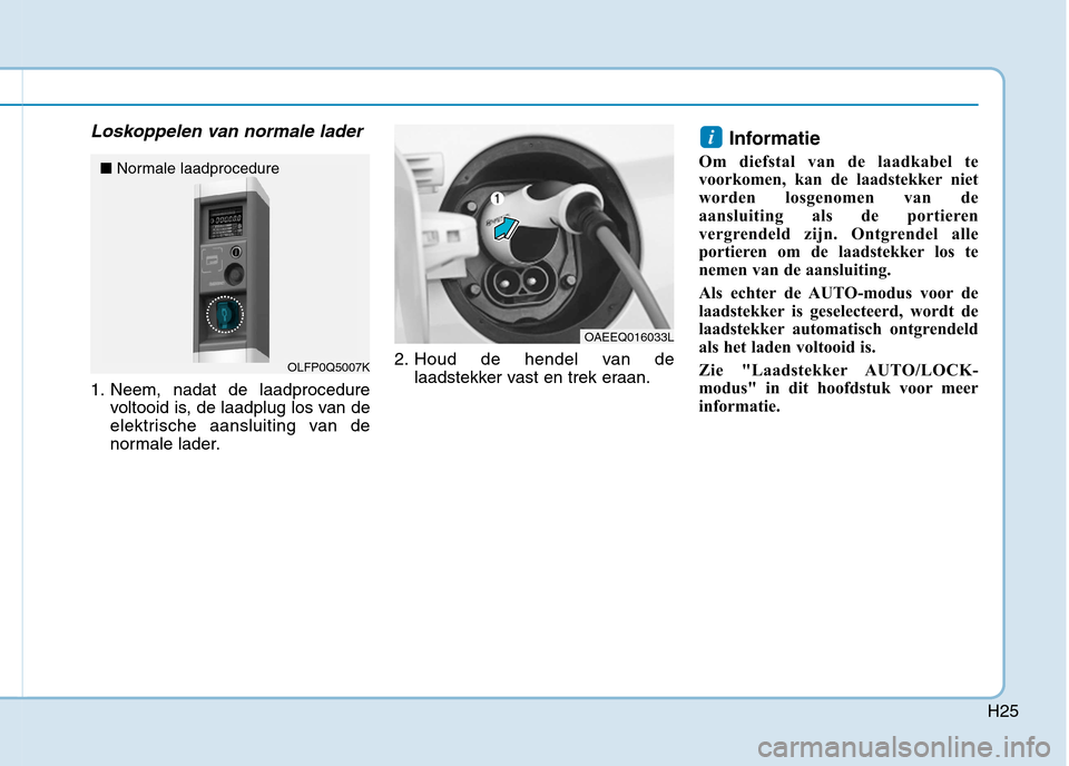 Hyundai Ioniq Electric 2017  Handleiding (in Dutch) H25
Loskoppelen van normale lader
1. Neem, nadat de laadprocedurevoltooid is, de laadplug los van de 
elektrische aansluiting van de
normale lader. 2. Houd de hendel van de
laadstekker vast en trek er