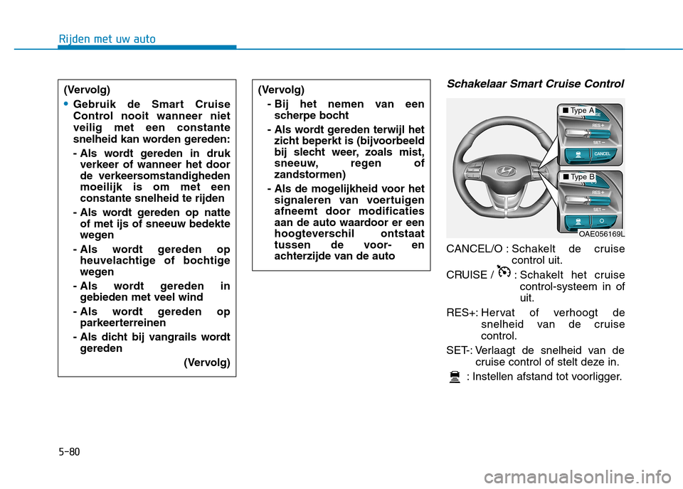 Hyundai Ioniq Electric 2017 Handleiding (in Dutch) 5-80
Rijden met uw auto
Schakelaar Smart Cruise Control
CANCEL/O :Schakelt de cruise control uit.
CRUISE / : Schak elt het cruise
control-systeem in ofuit.
RES+: Her vat of v erhoogt de
snelheid van Hyundai Ioniq Electric 2017 Handleiding (in Dutch) 5-80
Rijden met uw auto
Schakelaar Smart Cruise Control
CANCEL/O :Schakelt de cruise control uit.
CRUISE / : Schak elt het cruise
control-systeem in ofuit.
RES+: Her vat of v erhoogt de
snelheid van