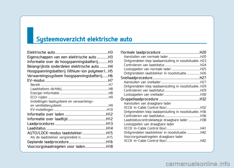 Hyundai Ioniq Electric 2017  Handleiding (in Dutch) SSyyssttee eemm oovvee rrzz iicc hh tt  ee llee kk ttrr iiss cc hh ee  aa uu ttoo
Elektrische auto .......................................................H3 
Eigenschappen van een elektrische auto ...