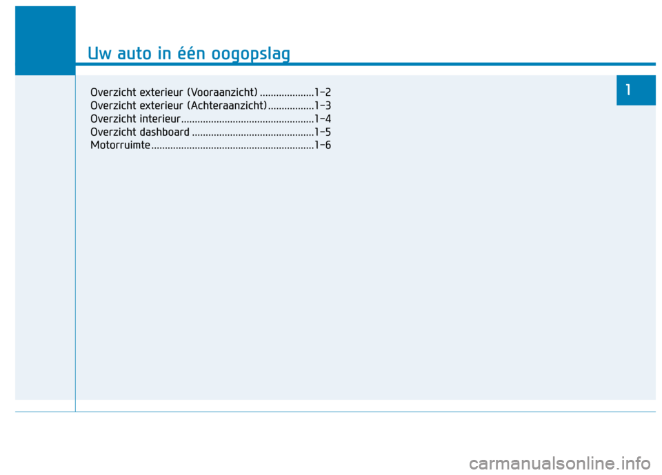 Hyundai Ioniq Electric 2017 Handleiding (in Dutch) Uw auto in één oogopslag
1
Uw auto in één oogopslag
1Overzicht exterieur (Vooraanzicht) ....................1-2
Overzicht exterieur (Achteraanzicht) .................1-3
Overzicht interieur...... Hyundai Ioniq Electric 2017 Handleiding (in Dutch) Uw auto in één oogopslag
1
Uw auto in één oogopslag
1Overzicht exterieur (Vooraanzicht) ....................1-2
Overzicht exterieur (Achteraanzicht) .................1-3
Overzicht interieur......